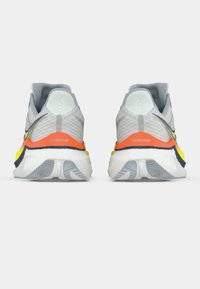 Gray sports shoes with a breathable mesh upper, featuring neon accents in orange and yellow on the midsole and heel. Smooth sole design.