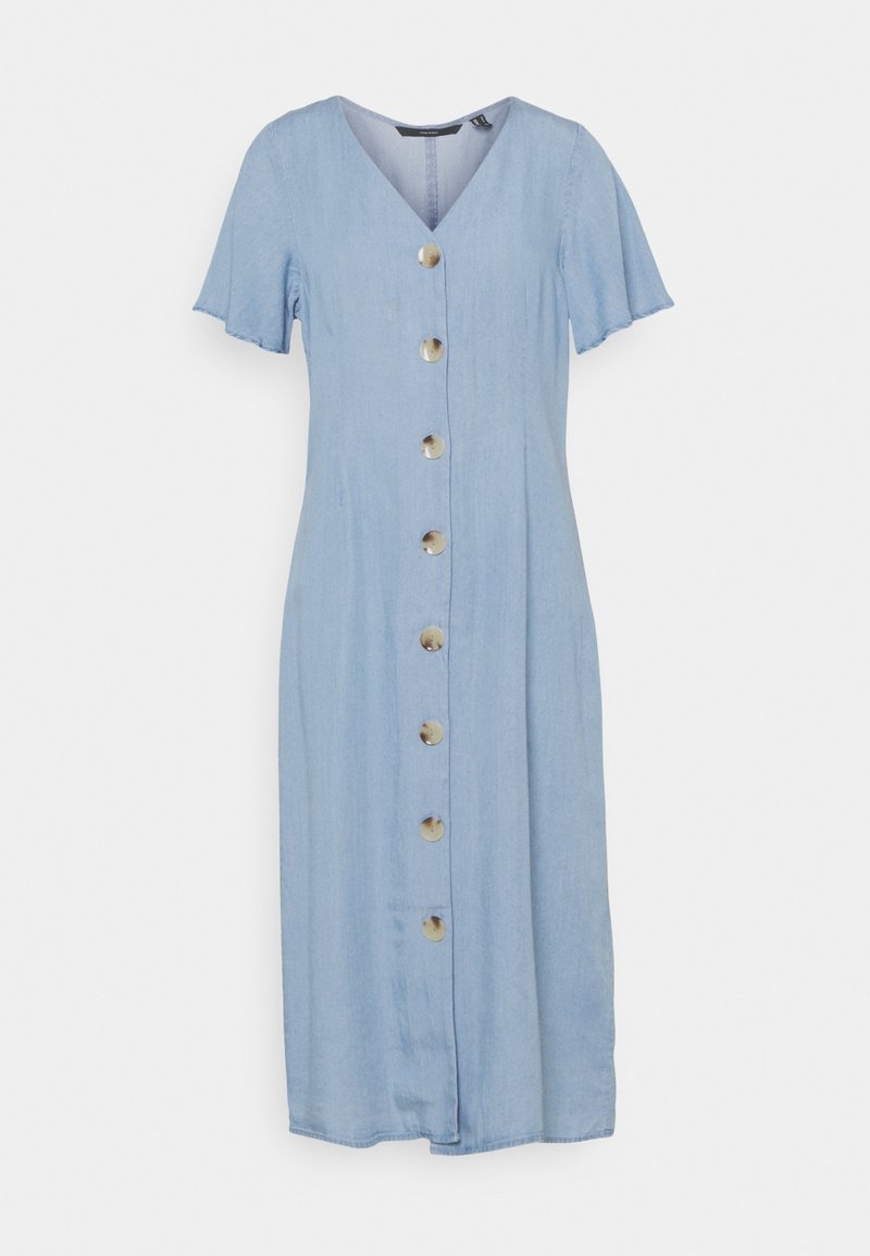 Light blue midi dress with short sleeves, V-neckline, and large tortoiseshell buttons down the front.