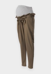 Pantalons de maternité en vert olive avec une ceinture élastique grise. Ils comportent un lien à la taille et une coupe décontractée pour un maximum de confort. Texture lisse.