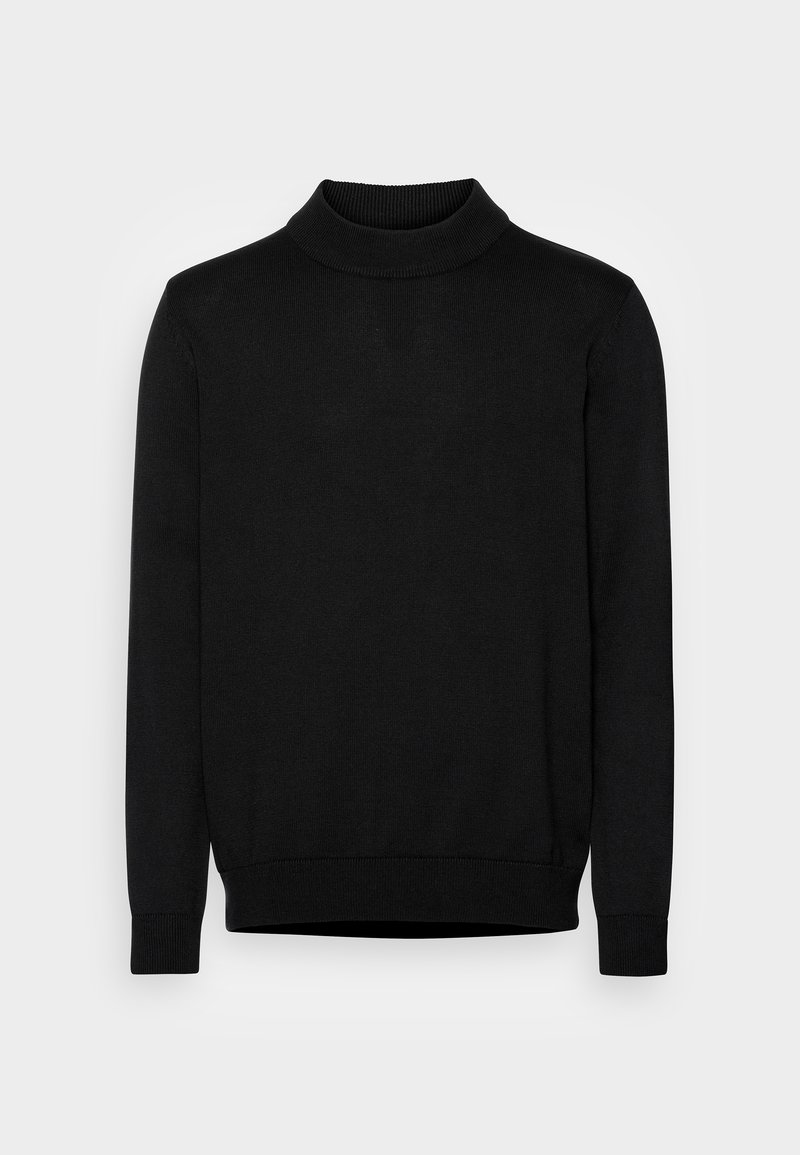 Suéter negro de manga larga y cuello alto, hecho de material de punto acanalado. Presenta un collar y dobladillo ajustados, con una textura suave en toda su superficie.