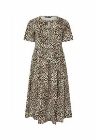 Sukienka midi w panterkę z krótkimi rękawami, okrągłym dekoltem, elastycznym pasem i detailami w postaci łezki z przodu. Wykonana z lekkiego materiału.