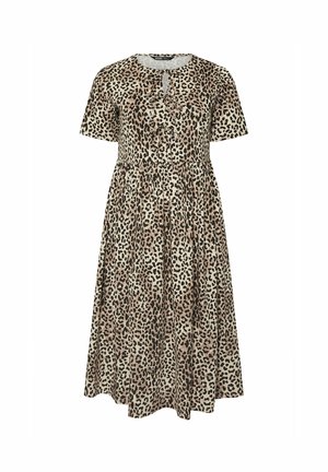 Abito midi con stampa leopardata, maniche corte, scollatura rotonda, vita elastica e dettaglio a taglio chiave davanti. Realizzato in tessuto leggero.