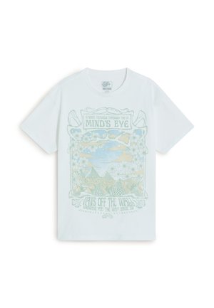 T-shirt bianca Vans a maniche corte con grafica in stile retrò che mostra fiori, piramidi, nuvole e testo che recita "Mind's Eye" e "Vans Off The Wall."