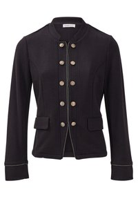 Black tailored jacket with round collar, double row of decorative gold buttons, flap pockets, and stitched cuffs.