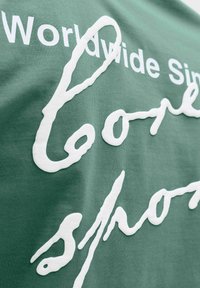 Roheline kangas, millel on valge reljeefne tekst "Worldwide Since looney sports" segafondis.