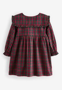 Robe à manches longues à carreaux rouges et verts avec taille froncée, col et poignets à volants, adaptée à un enfant, présentée sur fond blanc.