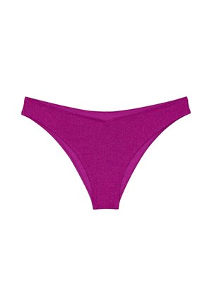 Hellpink glitzernder Bikini-Slip mit niedrigem Bund und mittlerer Bedeckung, auf weißem Hintergrund dargestellt.