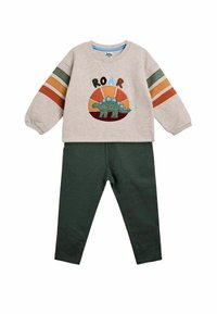 Sudadera gris con gráfico de dinosaurio, texto colorido que dice "ROAR" y mangas a rayas. Combinada con leggings de color verde oscuro, de material de mezcla de algodón.