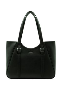 Borsa tote in pelle nera con una finitura testurizzata, dotata di due manici superiori e dettagli in metallo color argento. Presenta un design minimalista e un ampio interno.