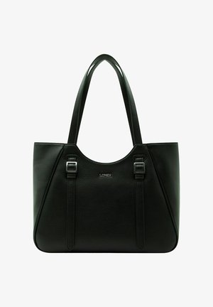 Black leather tote bag with a textured finish, two top handles, and silver-tone hardware accents. Features a minimalist design and spacious interior.