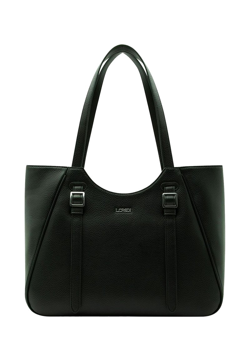 Borsa tote in pelle nera con una finitura testurizzata, dotata di due manici superiori e dettagli in metallo color argento. Presenta un design minimalista e un ampio interno.