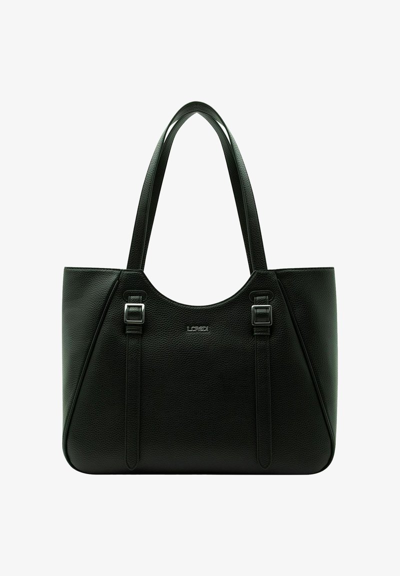 Borsa tote in pelle nera con una finitura testurizzata, dotata di due manici superiori e dettagli in metallo color argento. Presenta un design minimalista e un ampio interno.