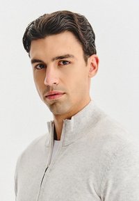 Jasnoszara rozpinana sweter z wysokim kołnierzem, o miękkiej fakturze i dopasowanym kroju, prezentowany przez modelkę na białym tle.