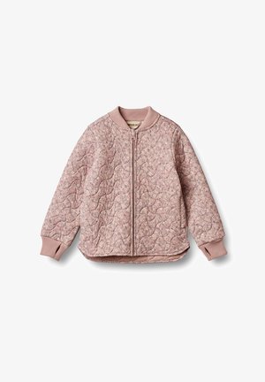 Veste bomber matelassée rose avec col et poignets côtelés. Comprend une fermeture éclair centrale, une surface texturée avec un motif ondulé et une coupe décontractée.
