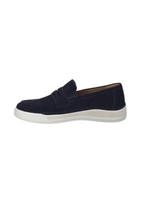 Navy suede slip-on shoe with a white rubber sole, featuring a stitched design and a raised strap accent across the vamp.