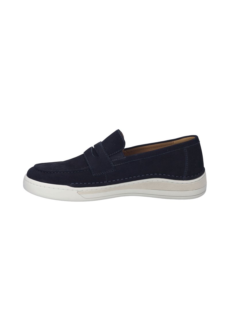 Navy suede slip-on shoe with a white rubber sole, featuring a stitched design and a raised strap accent across the vamp.