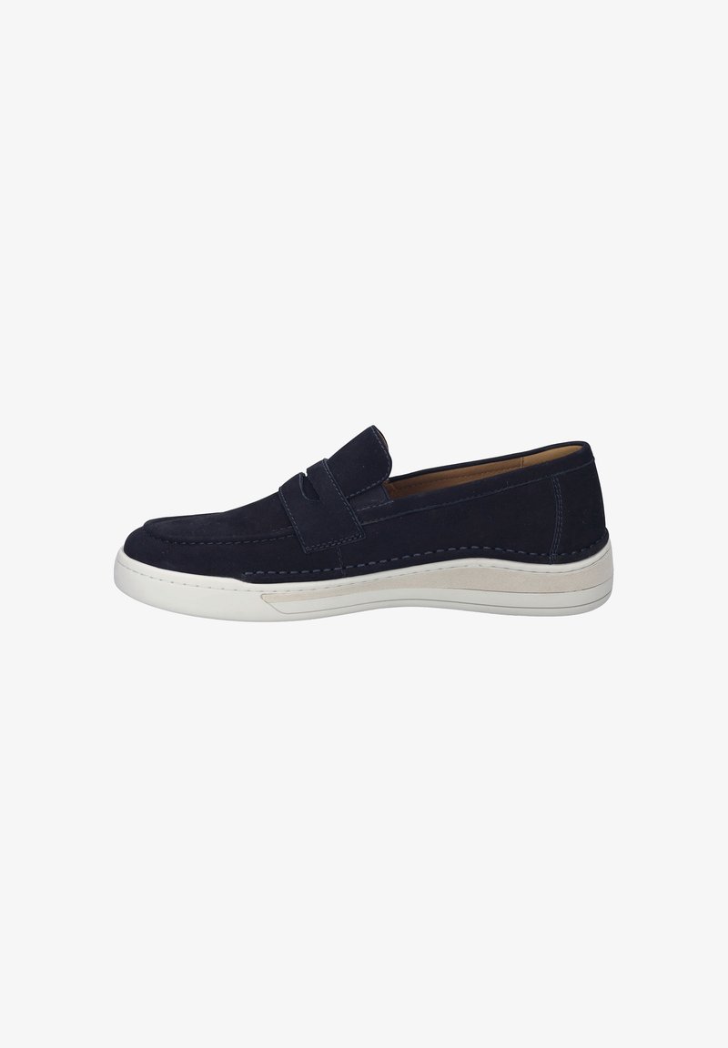 Navy suede slip-on shoe with a white rubber sole, featuring a stitched design and a raised strap accent across the vamp.