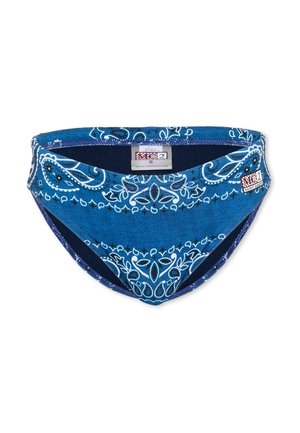 Parte inferiore del bikini blu con motivo bandana paisley bianco e etichetta del marchio sul lato anteriore destro.