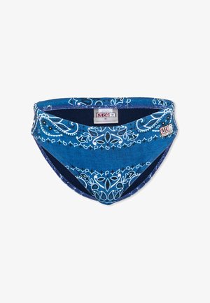 Niebieskie dół od bikini z białym wzorem paisley bandana i metką marki z przodu po prawej stronie.
