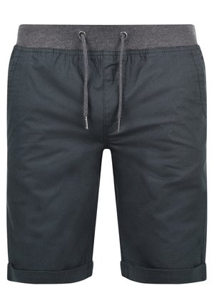Tamno sivi ležerni šorts s elastičnim pojasom, skraćene dužine i zavrnutim rubom. Izrađen od laganog materijala s glatkom teksturom.