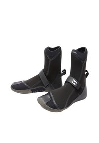 Pair of black neoprene water boots with rubber soles and a securing strap across the top, designed for aquatic activities.