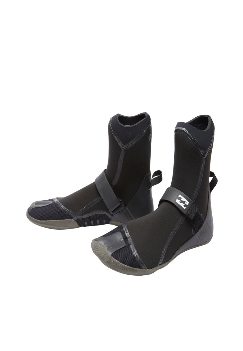 Pair of black neoprene water boots with rubber soles and a securing strap across the top, designed for aquatic activities.