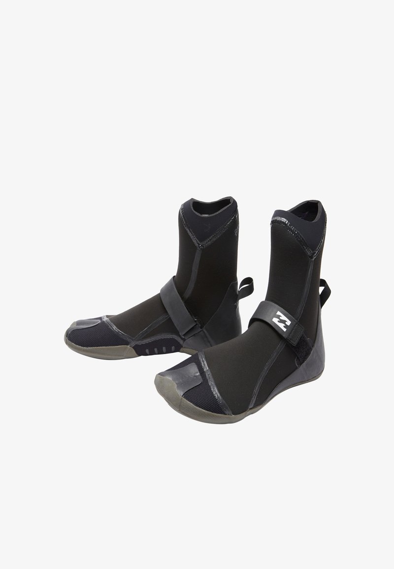 Pair of black neoprene water boots with rubber soles and a securing strap across the top, designed for aquatic activities.