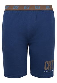 Niebieskie męskie szorty z brązowym elastycznym paskiem w talii, na którym znajduje się złoty napis "CR7" i "NIGHTWEAR". Wykonane z miękkiego, gładkiego materiału.