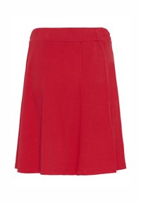Jupe évasée en coton rouge avec une taille élastique, présente une texture lisse et une longueur jusqu'aux genoux, sans motifs ni matériel visible.