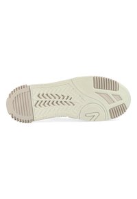 Lichtgekleurde rubberen sneakerzool met een zigzagpatroon, textuurgebieden en duidelijke griplijnen in een crème- en beige kleurenschema.