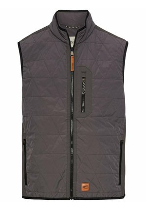 Quilted gray vest with a high collar, zippered front, and side pockets. Features textured fabric with a geometric pattern and leather logo patch.