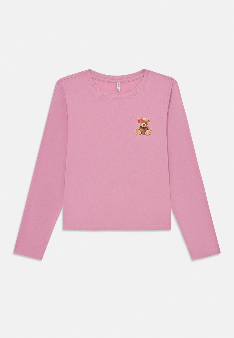 Rosa Langarmshirt aus weichem Stoff mit einem kleinen Teddybär-Graphic auf der linken Brust. Einfaches, lässiges Design.
