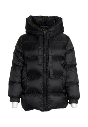 Sort skinnende polstret jakke med hætte, frontlynlås, snore og elastiske manchetter på ærmerne, vist på en hvid mannequin.