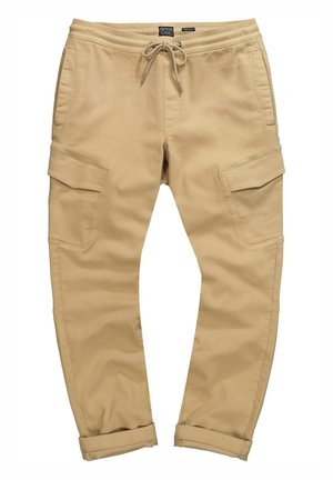 Beige cargo bukser med elastisk talje, snor, flere lommer og oprullede nederkanter. Fremstillet af blødt, glat stof.