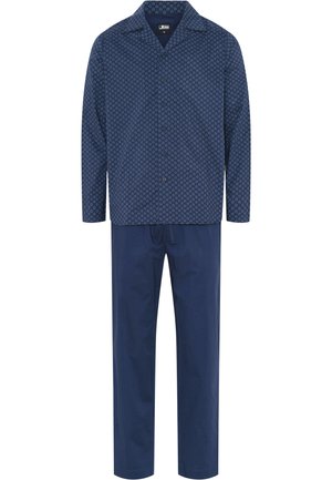 Marineblå pyjamas sæt med en trykt skjorte med knaplukning, krave og lange ærmer, samt matchende bukser med snøre.