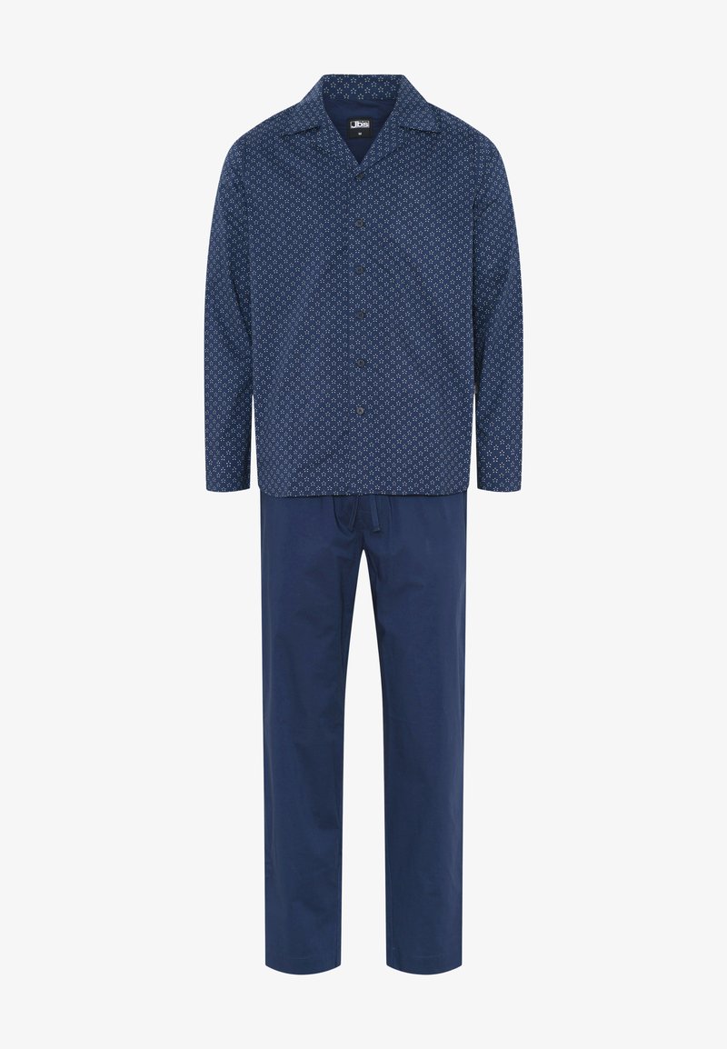 Navy pajama set featuring a printed button-up shirt with a collar and long sleeves, paired with matching drawstring pants.