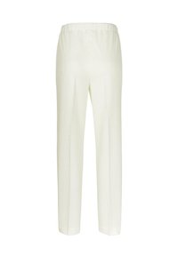 Witte, elastische broek met een rechte snit, voorzien van subtiele verticale ribbels en zonder zakken voor een gestroomlijnd ontwerp.