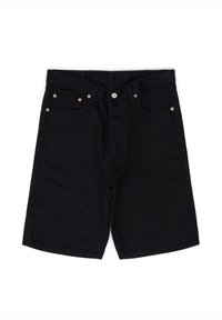 Shorts de mezclilla negra con un corte recto, cinco bolsillos, herrajes en tono cobre y una textura suave. Cierre frontal con botón y presillas para cinturón.