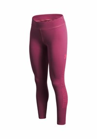 Vinröda träningsleggings med h�ög midja, med en mjuk textur och en iögonfallande "UNDER ARMOUR"-logotyp i rosa längs vänster ben.