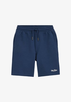 Short in maglia testurizzata blu navy con vita elastica, coulisse, tasche laterali e piccolo logo bianco "Blue Ridge" sulla gamba sinistra.