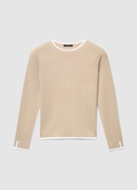 Beige long-sleeve sweater with a round neckline, white trim on the collar and cuffs, and a smooth texture. Features a minimalist design.