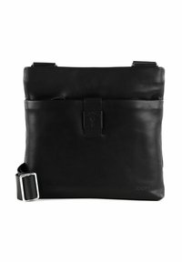 La borsa a tracolla nera in pelle presenta una texture liscia, un linguetta anteriore con chiusura a scatto e una tracolla regolabile con hardware in metallo.