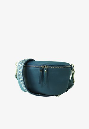 Sac banane en cuir bleu avec double fermeture éclair et sangle en tissu motif amovible avec attaches métalliques.