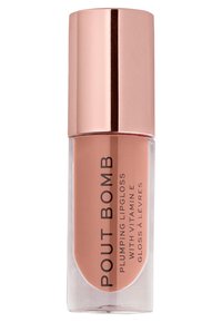 Przezroczysta tubka błyszczyku do ust z różowo-złotą metalową nakrętką, oznakowana "Pout Bomb Plumping Lipgloss with Vitamin E", w delikatnym różowym odcieniu.