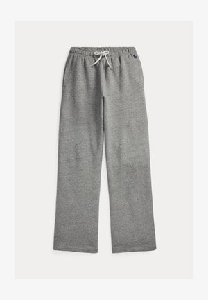 Szare spodnie dresowe z elastycznym pasem, białym sznurkiem, bocznymi kieszeniami i małym ciemnym logo na prawym biodrze.