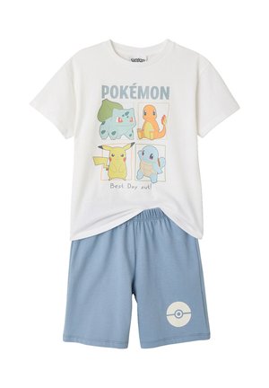 White T-shirt with Bulbasaur, Charmander, Pikachu, Squirtle, "Pokémon" text and blue shorts with a Poké Ball icon.