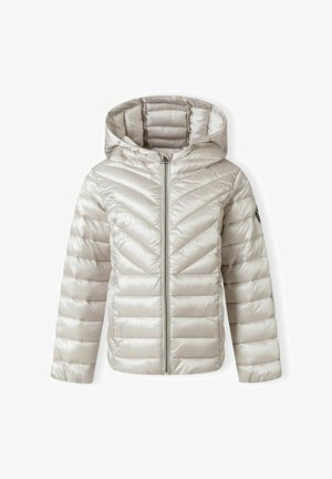 Giacca imbottita grigia chiara con cappuccio, dotata di chiusura con zip e design trapuntato a zigzag. Tessuto liscio e lucido con polsini elastici.
