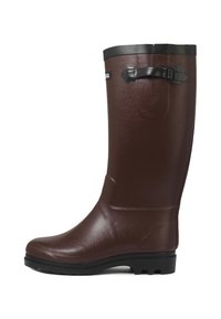 Botte de pluie en caoutchouc brun avec une finition brillante, accent noir en haut et détail de sangle réglable. Semelle robuste avec un bon grip.