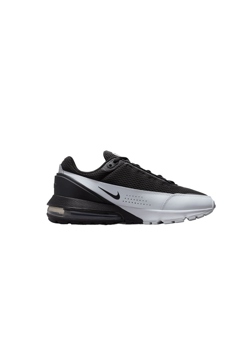 Scarpa sportiva nera e argentata con superiore in rete, punta arrotondata e suola in gomma. Presenta un'unità di ammortizzazione ad aria visibile. Logo Nike sul lato.