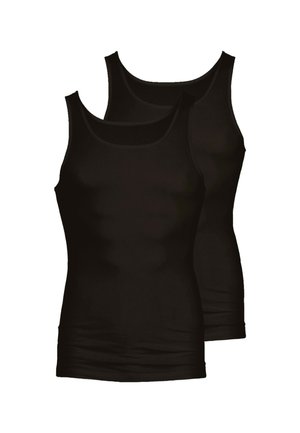 To ensfarvet sorte ærmeløse tanktops vist lagdelagt på hvid baggrund.